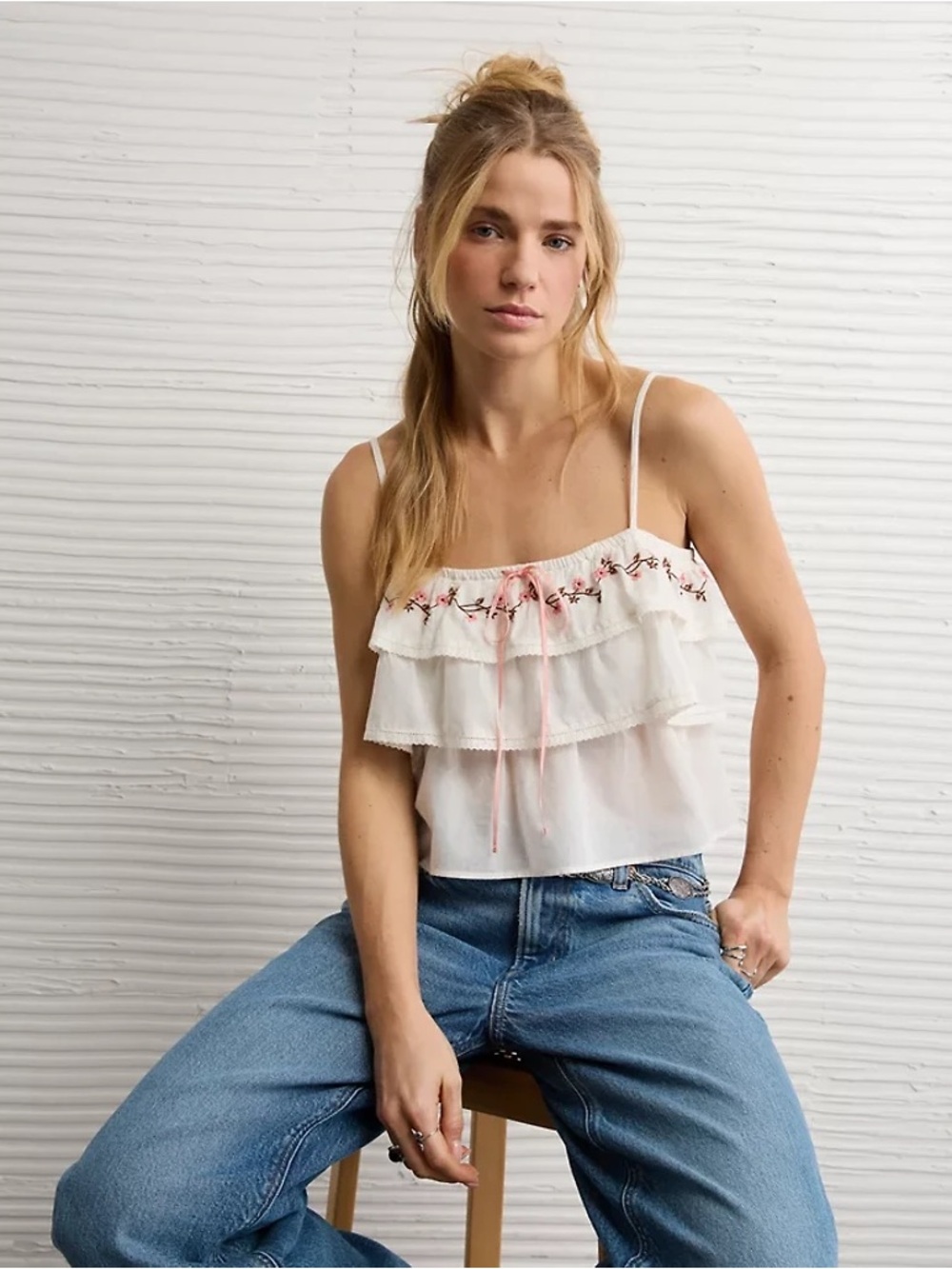 American Eagle Outfitters Embroidered Ruffle Cami Top Size XL Boho Cottagecore